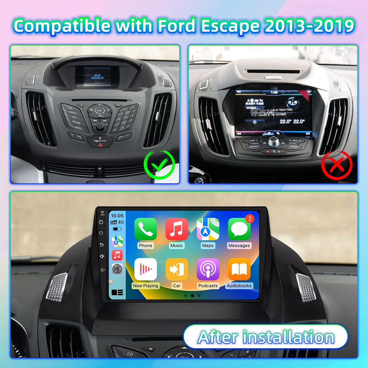 2G+32G Android 13 Car Stereo for Ford Escape 2013-2019 with Wireless CarPlay Android Auto,9 inch Touchscreen Car Radio Player with Mirror Link,WiFi/GPS Backup Camera,Bluetooth,FM/RDS,DSP,SWC