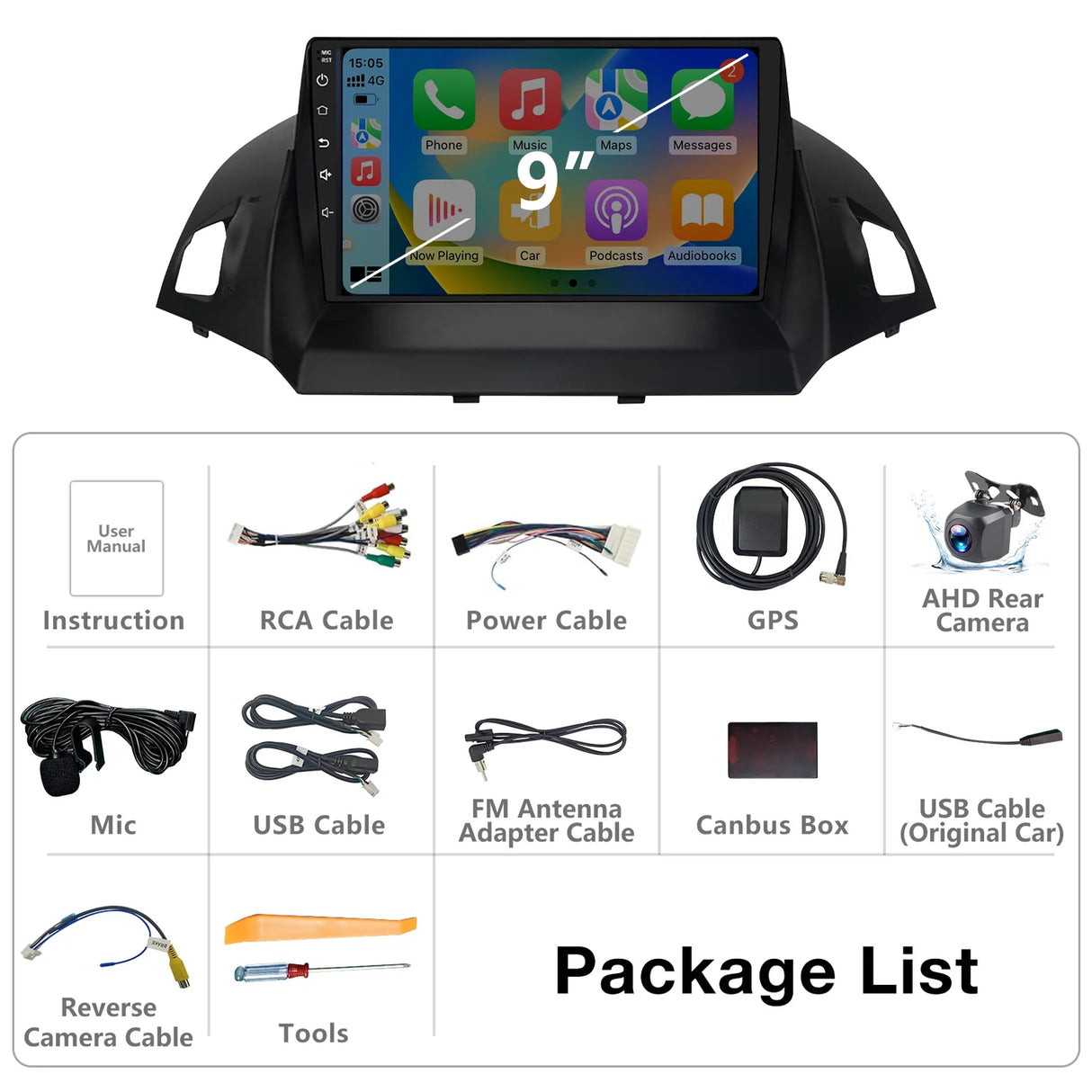2G+32G Android 13 Car Stereo for Ford Escape 2013-2019 with Wireless CarPlay Android Auto,9 inch Touchscreen Car Radio Player with Mirror Link,WiFi/GPS Backup Camera,Bluetooth,FM/RDS,DSP,SWC