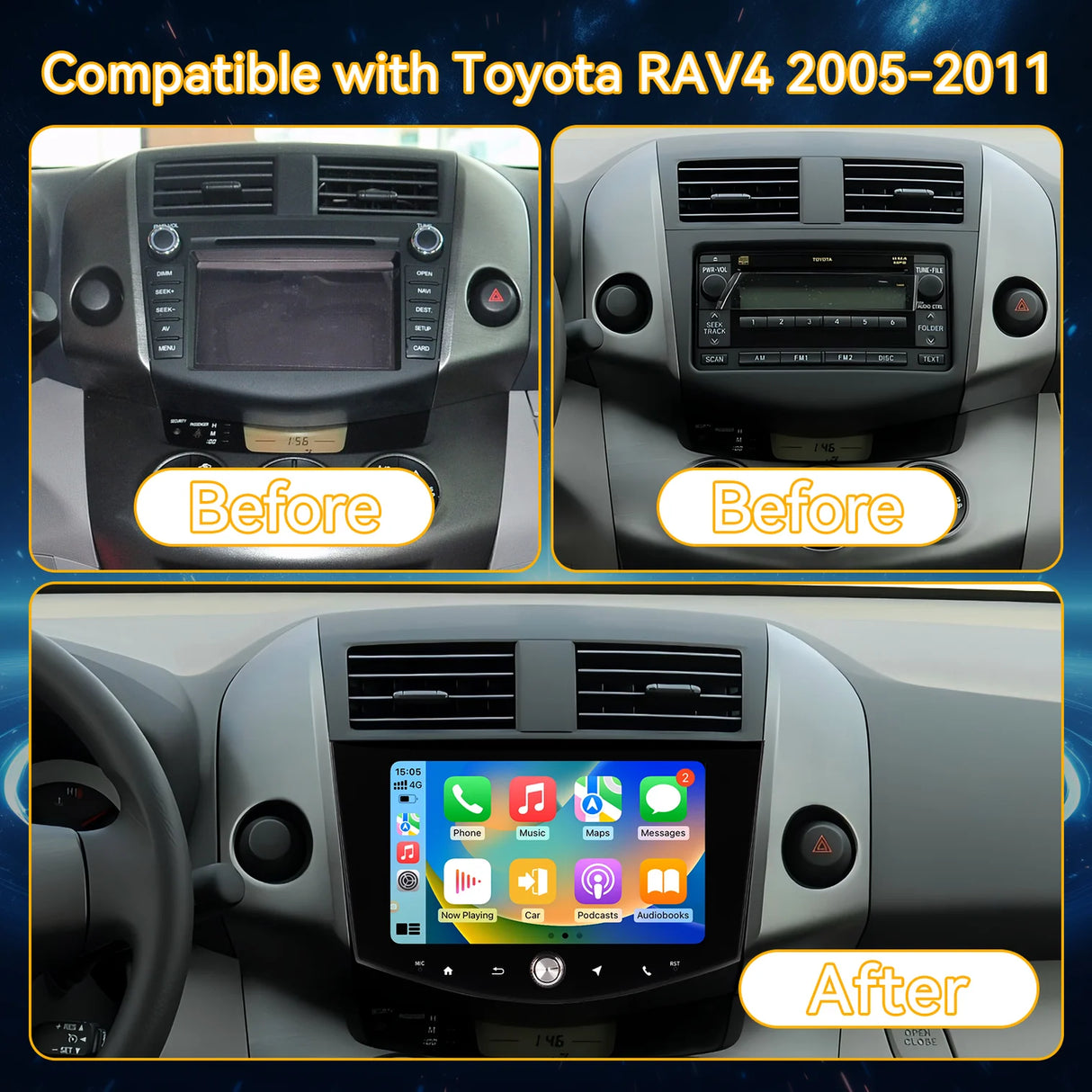 Car Stereo for Toyota RAV4 2005-2011,  8-Core 4GB+64GB, 9 Inch 1280P QLED Touchscreen, Wireless CarPlay & Android Auto, DSP, GPS, BT5.1, 5G WiFi, SWC, Backup Camera