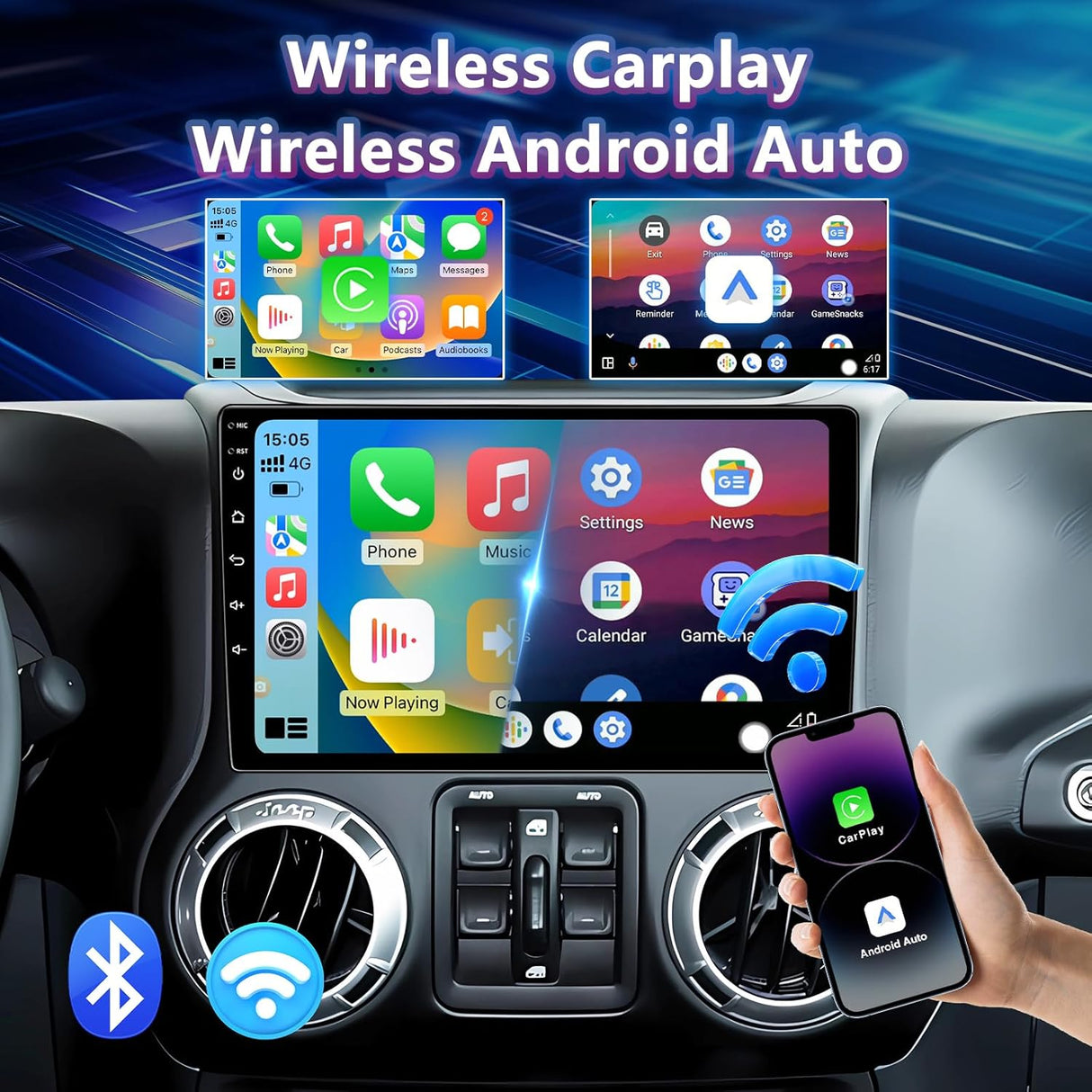 Android 13 Car Stereo for Jeep Wrangler (2007-2018), JK, Compass, Grand Cherokee Supports Wireless CarPlay/Android Auto