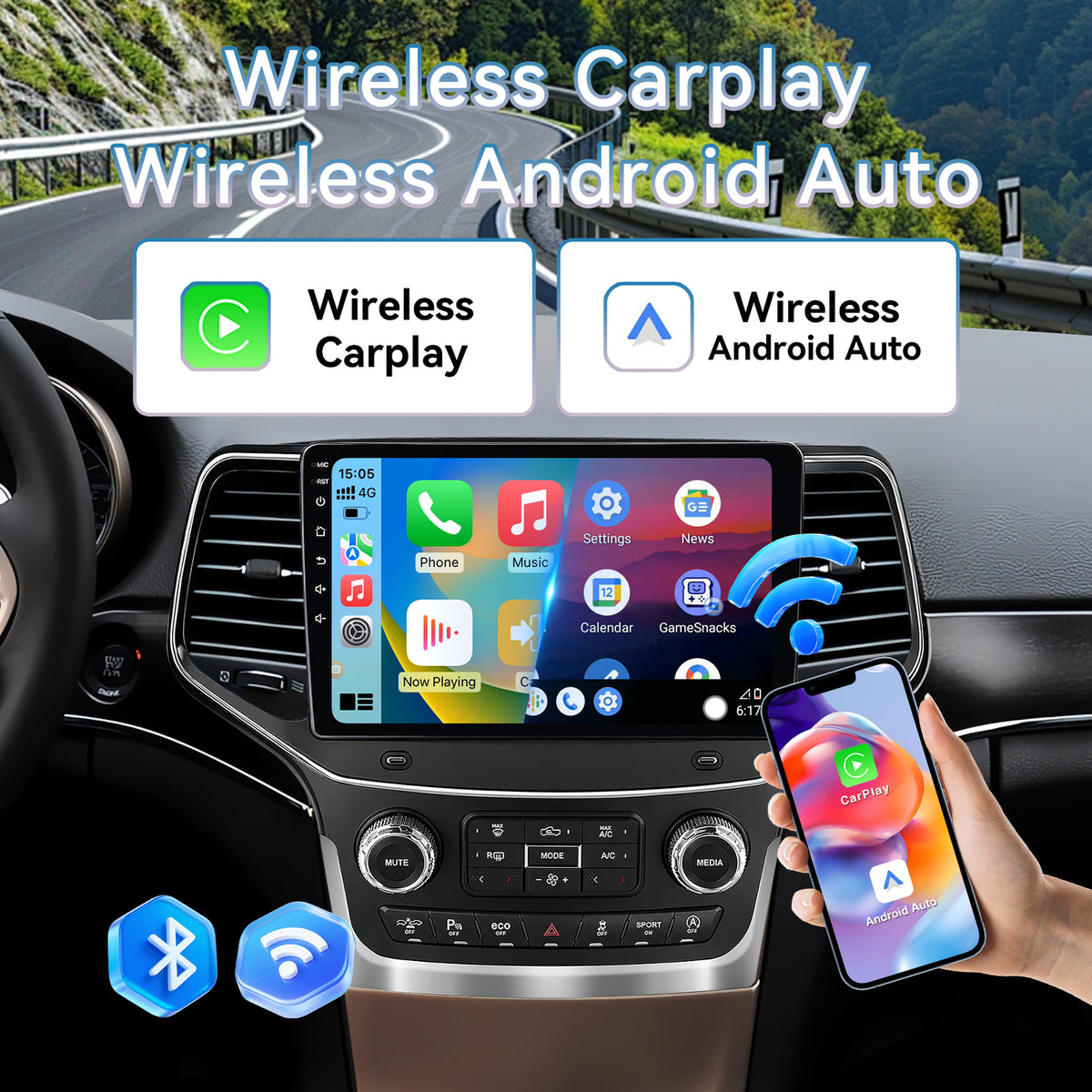Car Radio for Jeep Grand Cherokee 2014-2021 Wireless CarPlay & Android Auto, 2GB+64GB, Bluetooth, AM/FM, SWC, Backup Camera & Touchscreen