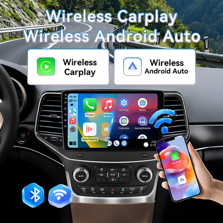 Car Radio for Jeep Grand Cherokee 2014-2021 Wireless CarPlay & Android Auto, 2GB+64GB, Bluetooth, AM/FM, SWC, Backup Camera & Touchscreen