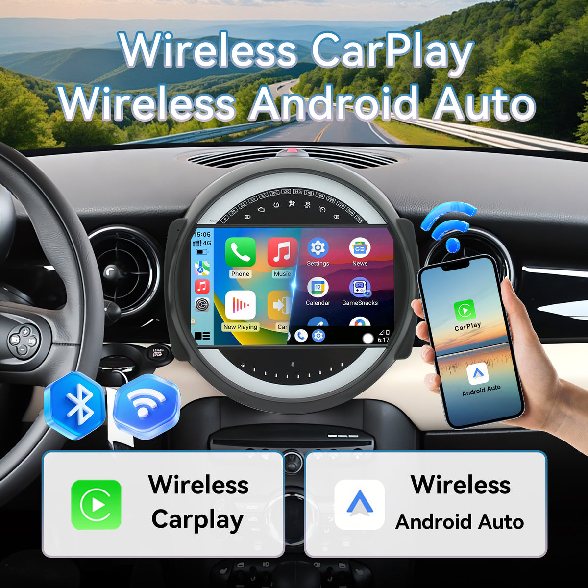 Car Radio Compatible With BMW Mini Cooper 2007-2014,4G+64G,9" Touch Screen Car Stereo with Wireless Carplay&Android Auto,FM/GPS/SWC/Mirror Link/Backup Camer