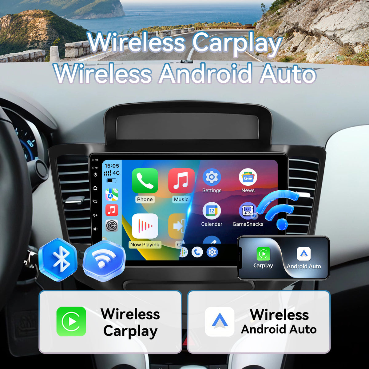 Android 13 Car Radio for Chevy Cruze 2009-2015 Wireless Carplay Android Auto Mirror Link 9" Touch Screen Car Radio with GPS, BT, FM/RDS, EQ, DSP, WiFi, SWC, Backup Camera