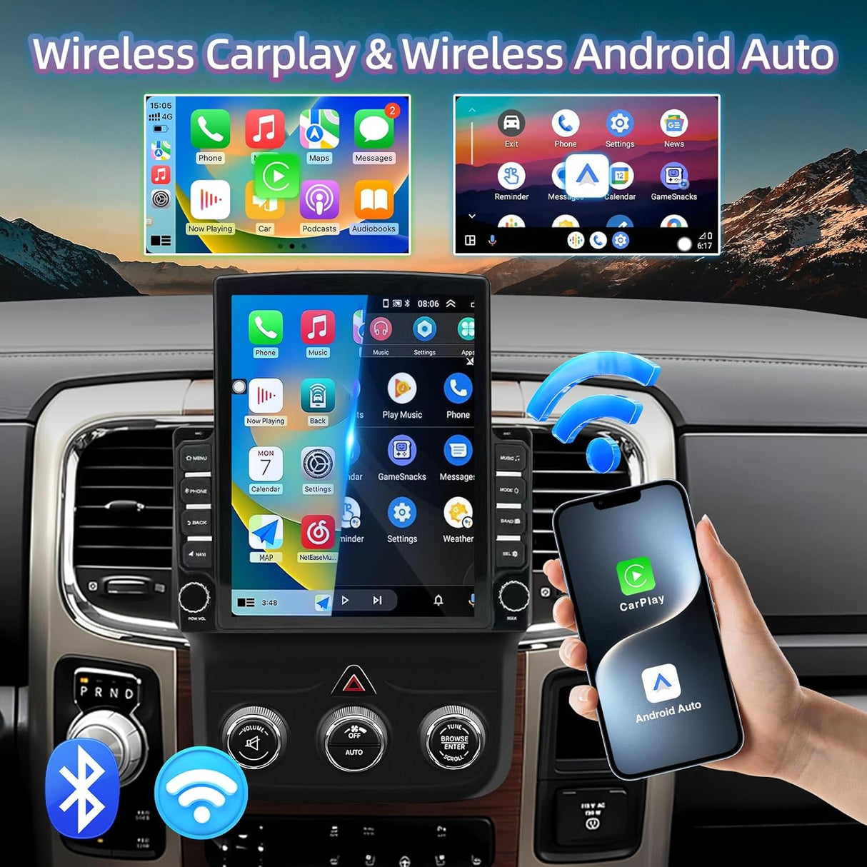 Android 13 Car Stereo for Dodge Ram 1500 2500 3500 2013-2018 (Manual AC), Supports Wireless CarPlay & Android Auto, BT/WiFi/GPS/FM/SWC/1080P Backup Camera