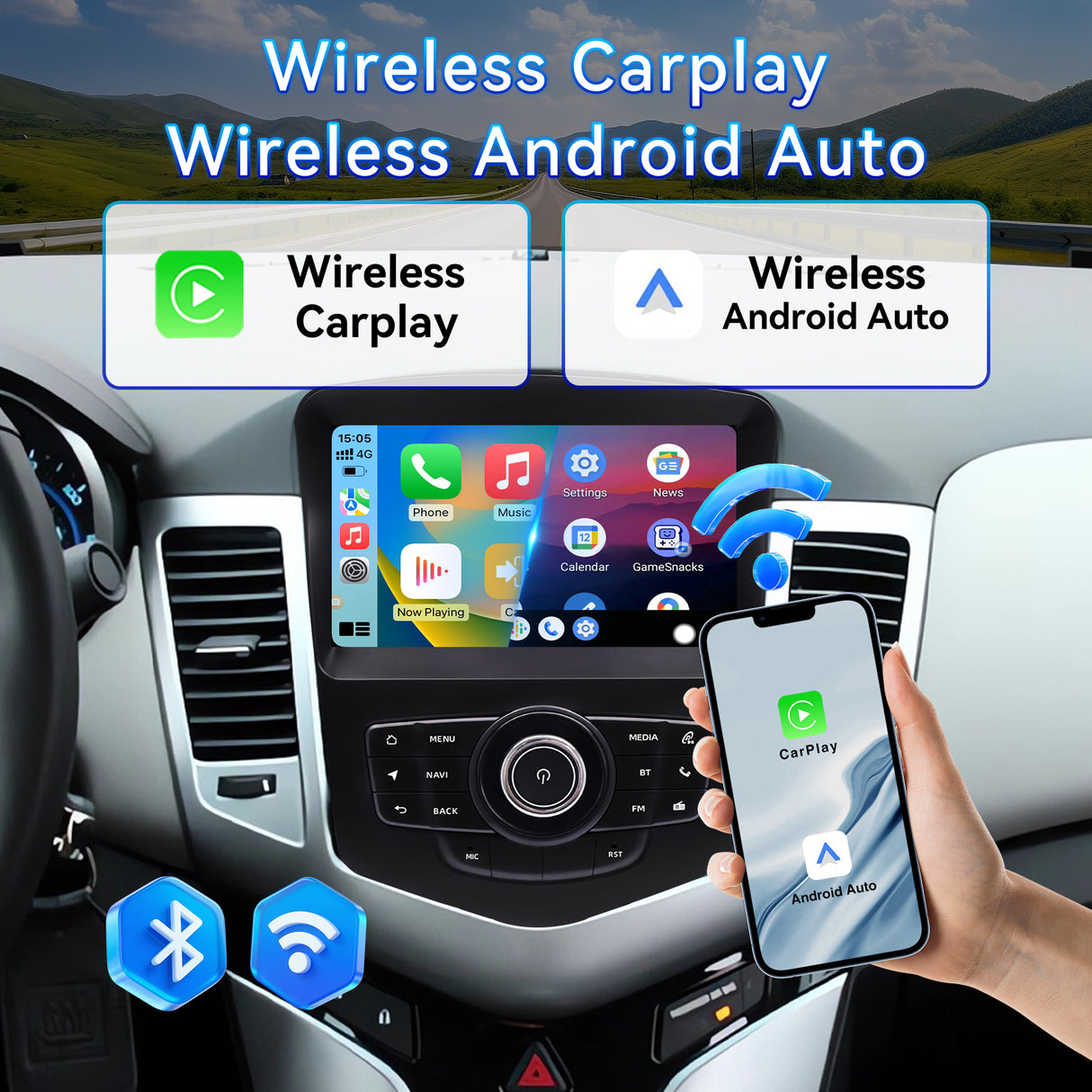 Android 14 Car Radio Stereo Compatible with Chevrolet Cruze 2009-2015, 8" OEM Style Touch Screen Wireless CarPlay & Android Auto GPS Navigation FM Radio Upgrade Bluetooth HD Backup Camera 2GB+64GB