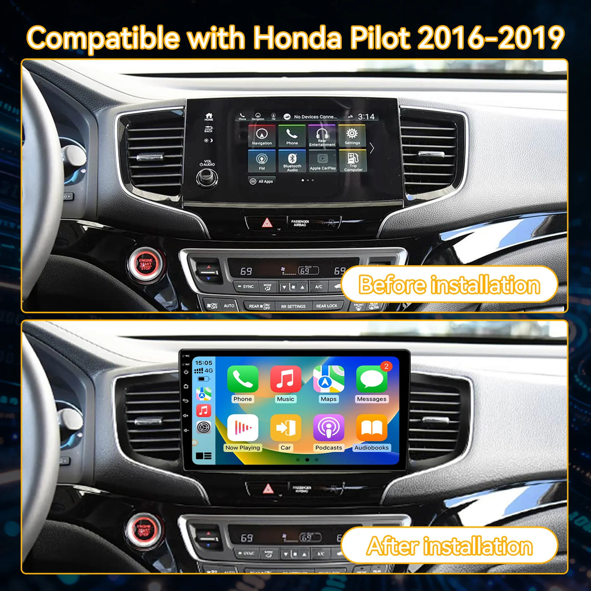 Car Radio for Honda Pilot 2016-2019 Stereo Update 10" Carplay & Android Auto Head Unit w/Custom Wallpaper Layout Touch Screen for Navigation,Music