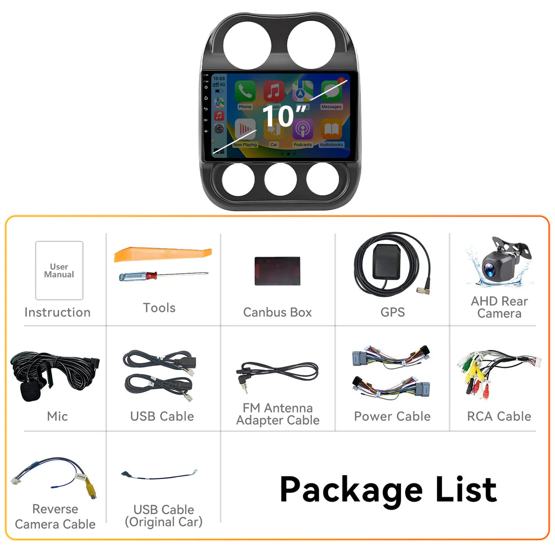 Car Stereo for Jeep Compass Patriot 2009-2016, 10"  Touchscreen, Android 14 Head Unit, 6GB+64GB, Wireless CarPlay & Android Auto, Built-in Gyroscope,  Bluetooth/WiFi/SWC