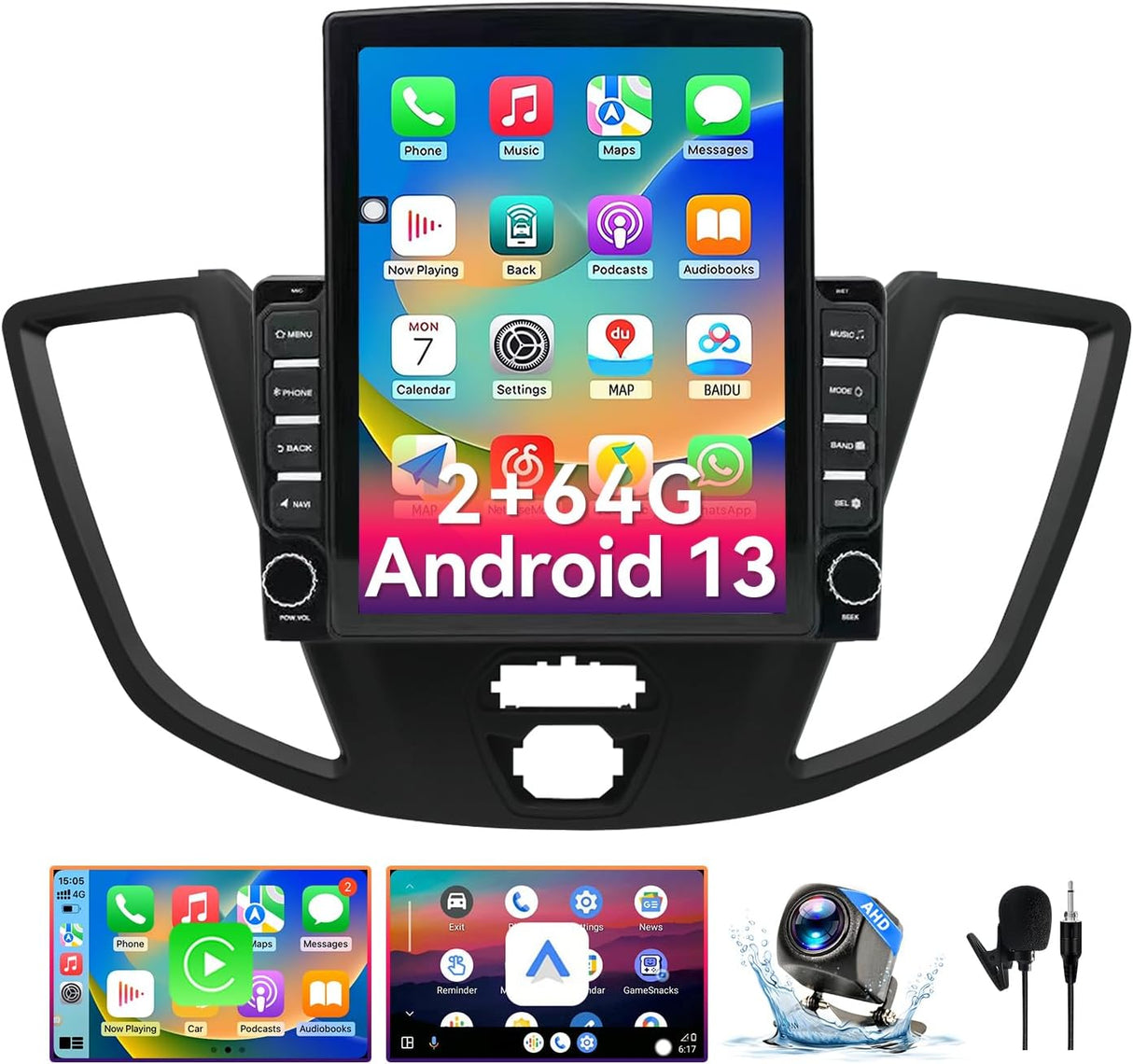 Car Stereo Radio Upgrade Compatible with Ford Transit 150 250 350 2015-2018, Touch Screen with Wireless CarPlay & Android Auto, GPS Navigation, FM, SWC, Backup Camera, Mic