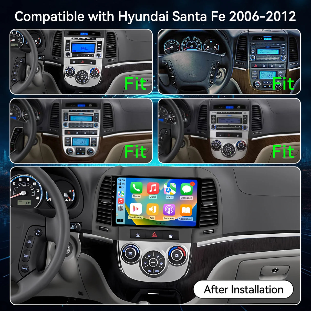 2+64G 9 inch Car Radio for Hyundai Santa Fe 2006-2012 | IPS Touch Screen Wireless Carplay Android Auto Bluetooth5.0 GPS Navigation FM RDS 5GHz WiFi Backup Camera
