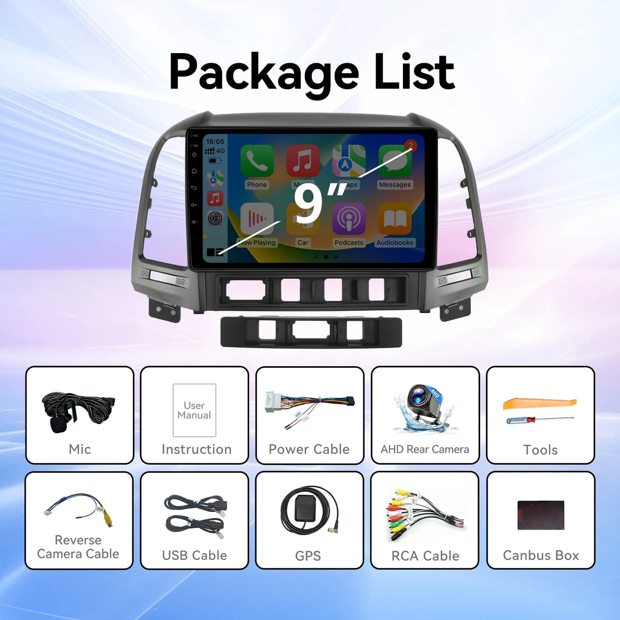 2+64G 9 inch Car Radio for Hyundai Santa Fe 2006-2012 | IPS Touch Screen Wireless Carplay Android Auto Bluetooth5.0 GPS Navigation FM RDS 5GHz WiFi Backup Camera