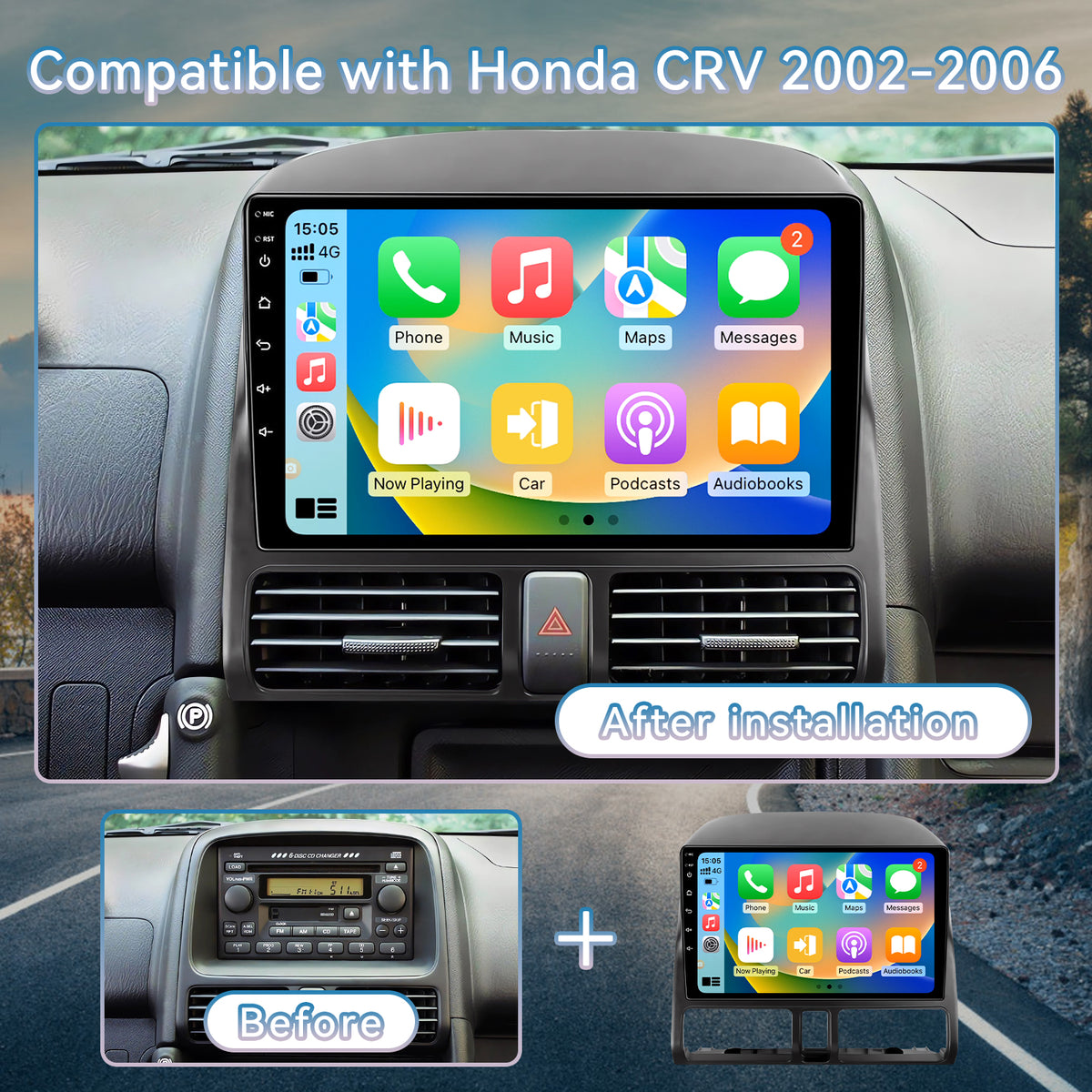 Car Stereo for Honda CRV 2002-2006, 9 Inch HD Touchscreen Radio Wireless CarPlay Android Auto GPS WiFi Bluetooth FM/RDS SWC Dual USB HD Backup Camera 2G+64G