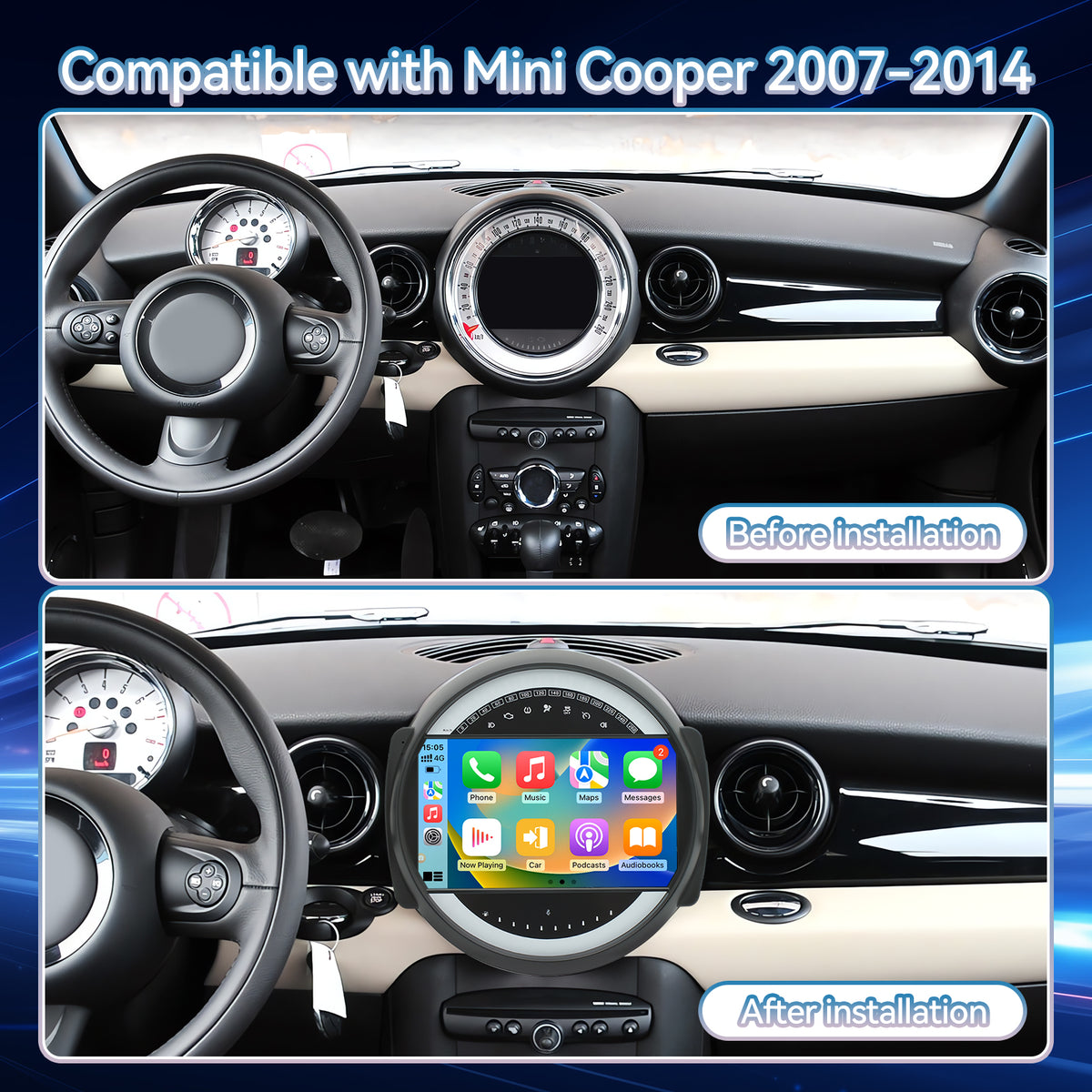 Car Radio Compatible With BMW Mini Cooper 2007-2014,4G+64G,9" Touch Screen Car Stereo with Wireless Carplay&Android Auto,FM/GPS/SWC/Mirror Link/Backup Camer