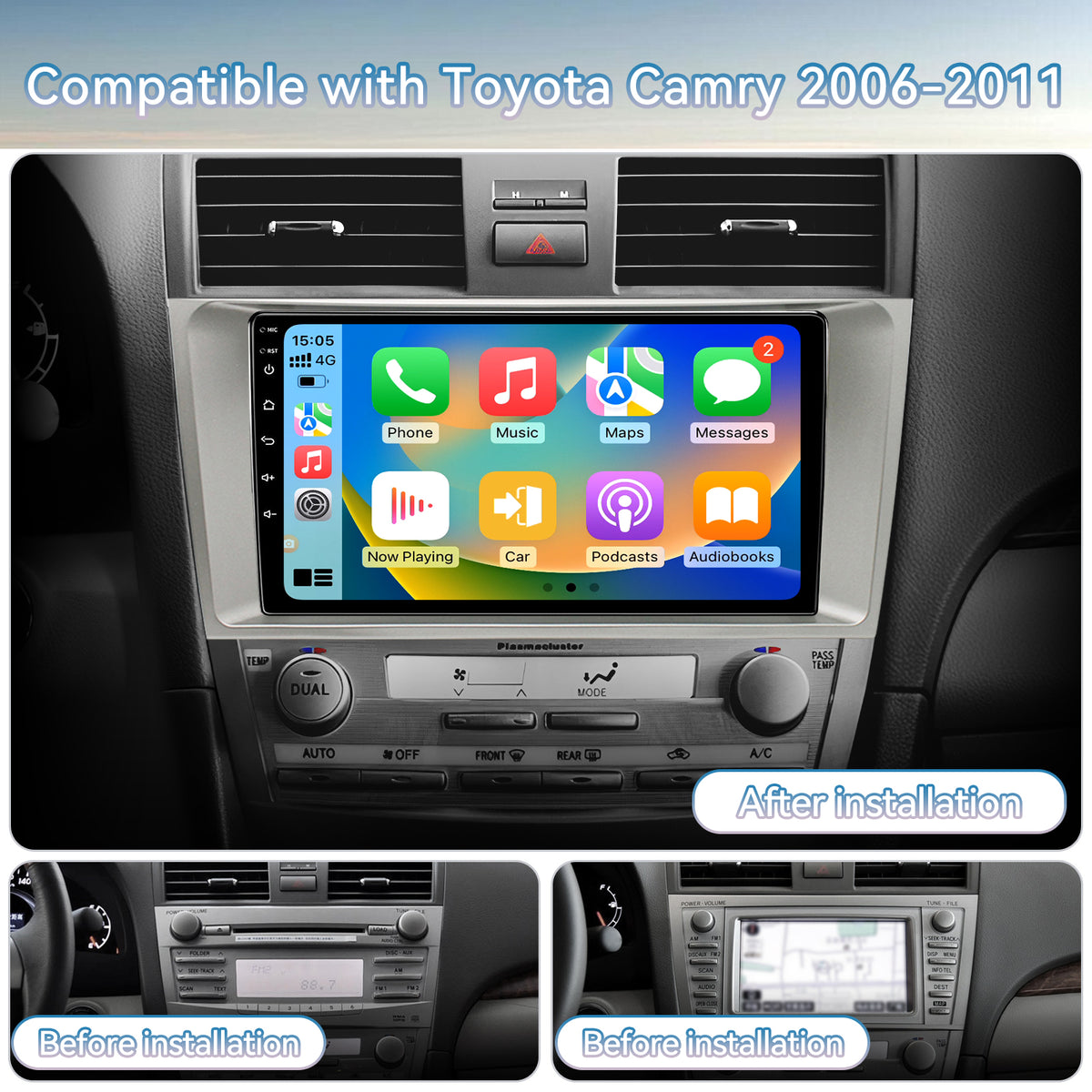 Car Radio Stereo for Toyota Camry (06-11) CarPlay & Android Auto Fast Boot,Mirroring, Anti-Glare QLED.FM/AM Tuner, Plug & Play Dash Kit Included.