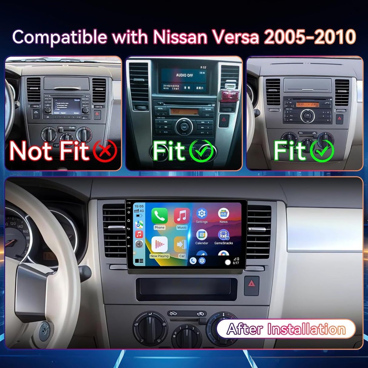 Android 13 Car Stereo for Nissan Versa (2005-2010) | 9" IPS Touchscreen | Wireless CarPlay/Android Auto/Mirror Link | GPS Navigation | FM/RDS | IPS/HD Display | AHD Backup Camera