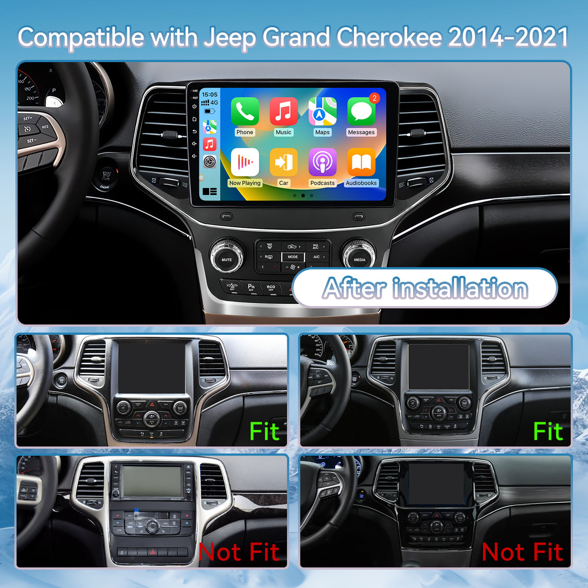 Car Radio for Jeep Grand Cherokee 2014-2021 Wireless CarPlay & Android Auto, 2GB+64GB, Bluetooth, AM/FM, SWC, Backup Camera & Touchscreen