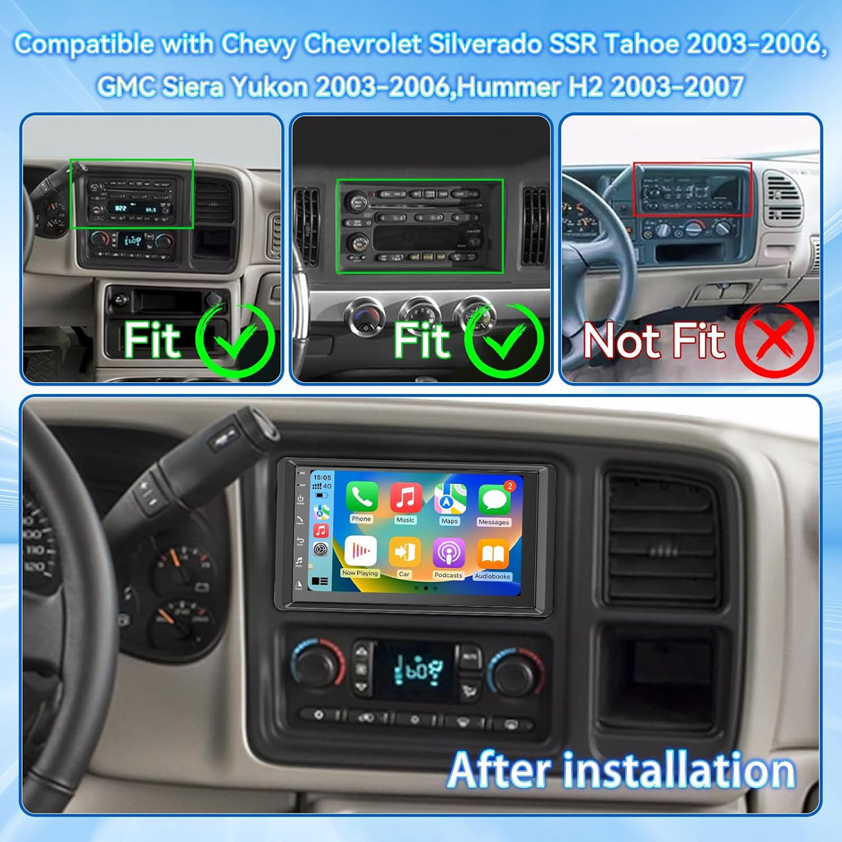 Car Stereo for Chevy/GMC/Humme/Chevy Silverado/Tahoe 2003–2006, GMC Sierra/Yukon & Hummer H2 2003–2007 with Wireless CarPlay & Android Auto, GPS, Backup Camera, HiFi Audio, SWC