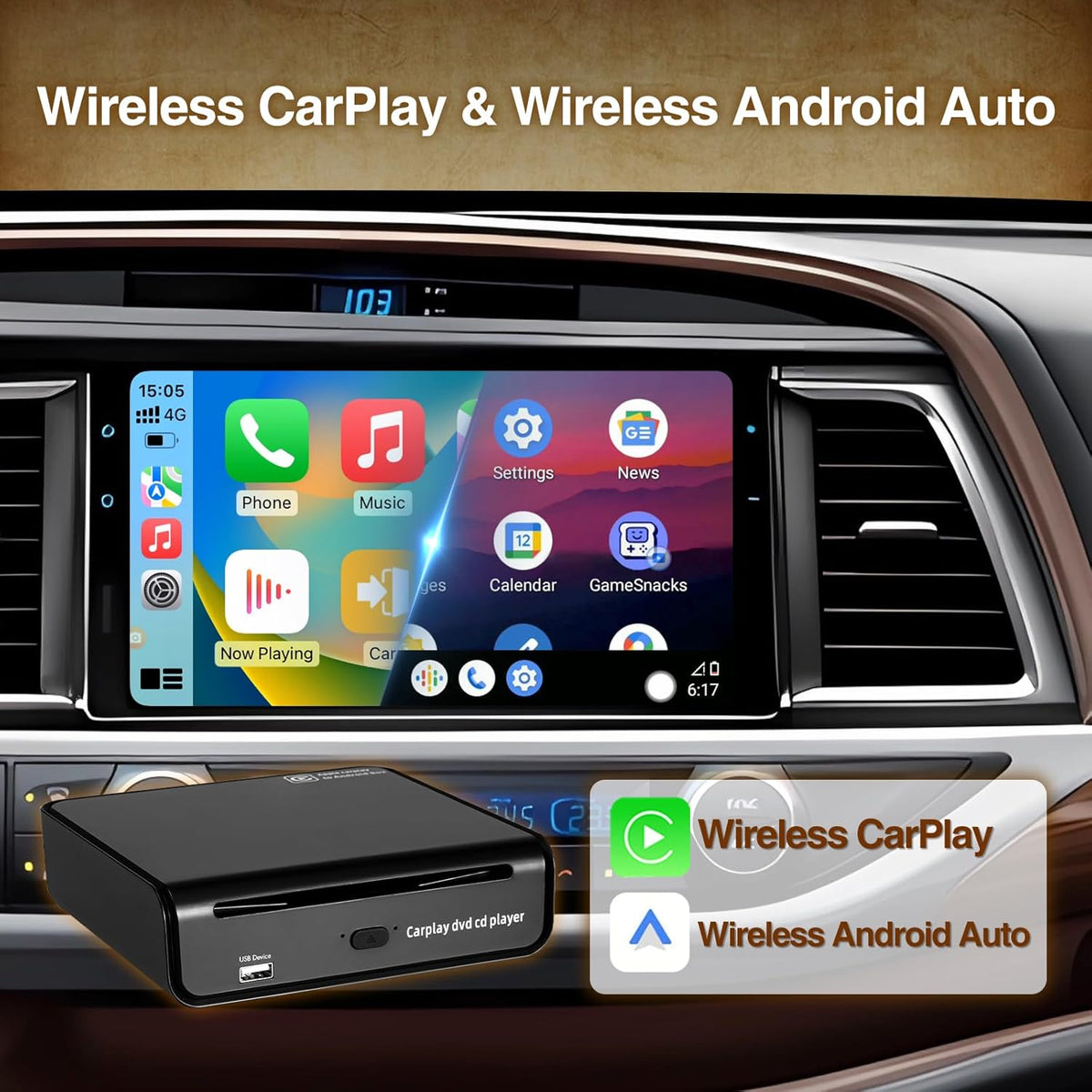 Auto Com Cd CarPlay CD Player Supports Wireless CarPlay/Android Auto for Car with ...