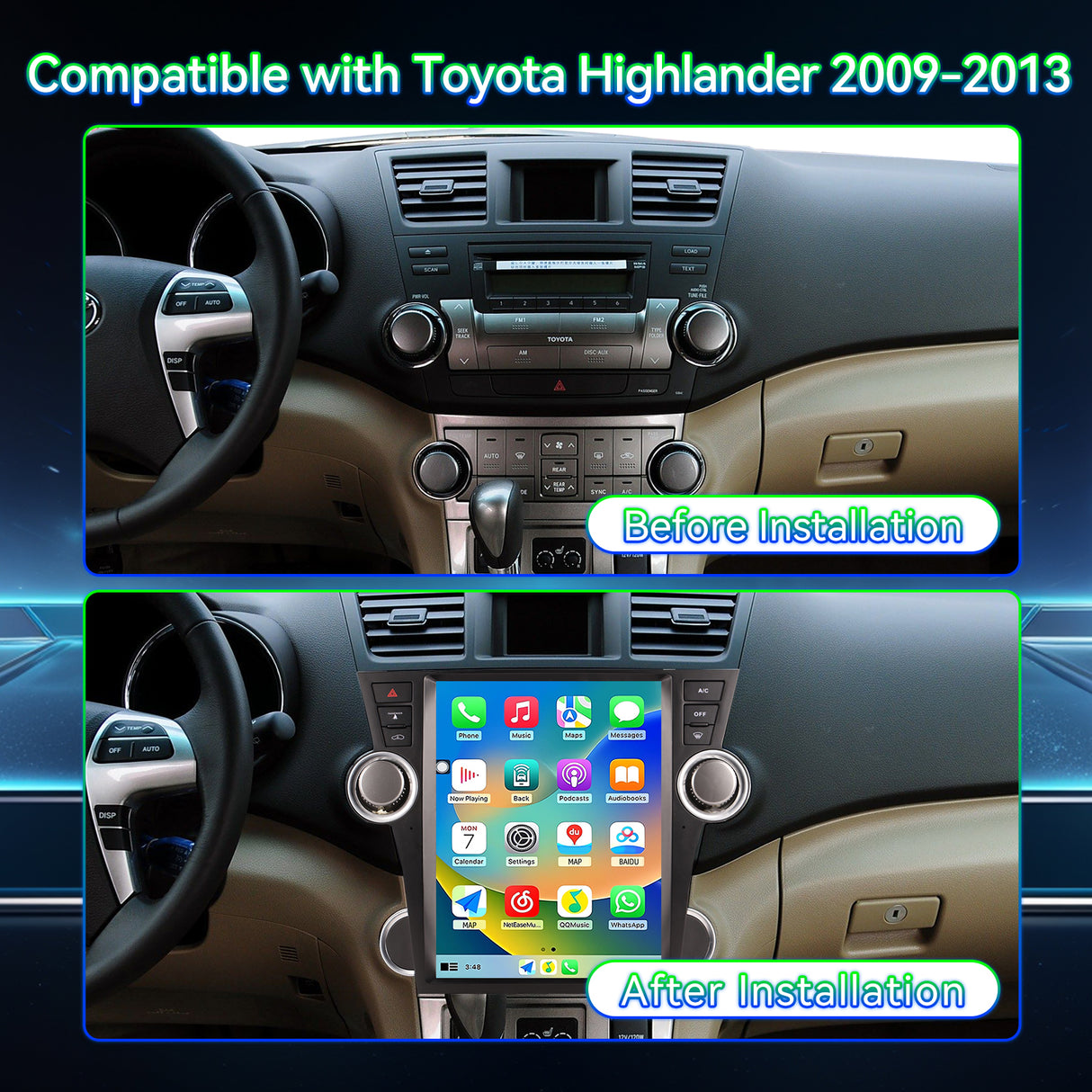 8Core 4GB+64GB Android 13 Car Radio for Toyota Highlander 2009 2010 2011 2012 2013, 12.1 Inch Highlander Stereo with Carplay & Android Auto