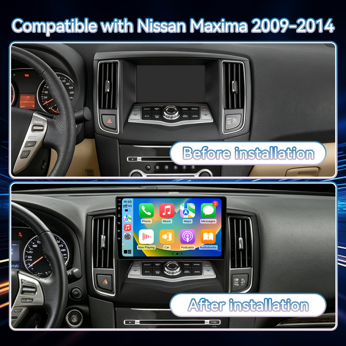 Car Radio for Nissan Maxima 2009-2014 Stereo Head Unit Upgrade Biorunn 9 Inch GPS Navigation Wireless Car-Play Android Auto Blue-tooth RDS FM 2GB RAM 64GB ROM SWC Backup Camera