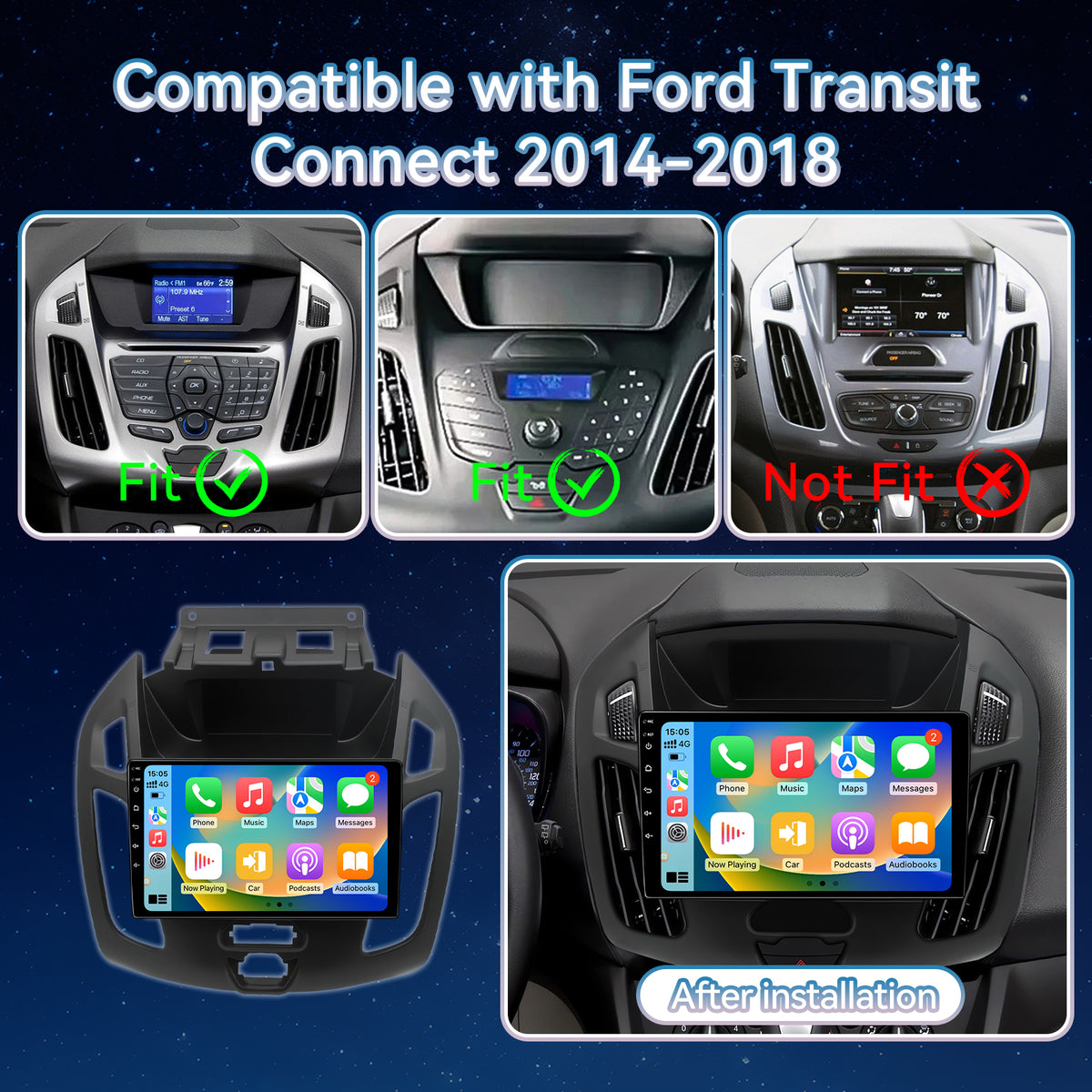 Car Radio Compatible with Ford Transit Connect 2014-2018, Wireless CarPlay Android Auto, 9 Inch Car Head Unit with GPS WiFi Bluetooth SWC Backup Camera (2G+64G)