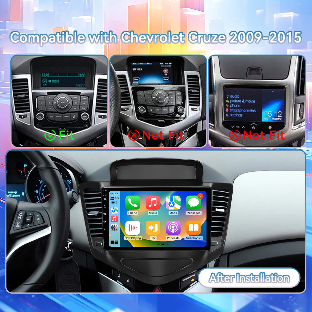Android 13 Car Radio for Chevy Cruze 2009-2015 Wireless Carplay Android Auto Mirror Link 9" Touch Screen Car Radio with GPS, BT, FM/RDS, EQ, DSP, WiFi, SWC, Backup Camera