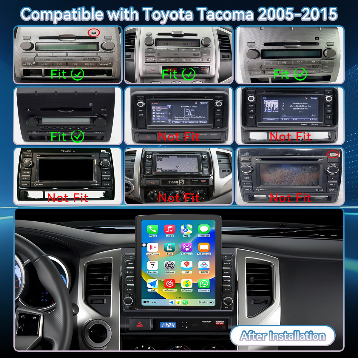 Car Stereo for Toyota Tacoma 2005-2015 Upgrade Wireless CarPlay & Android Auto AHD Backup Camera GPS SWC FM WiFi Bluetooth
