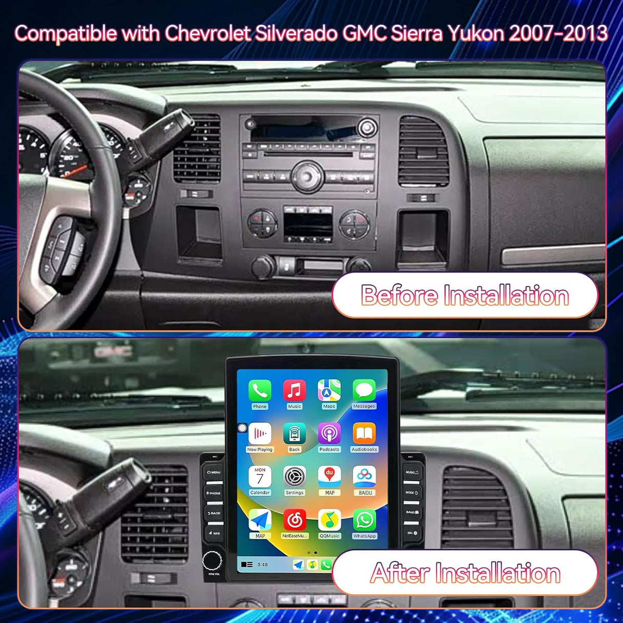 Android 13 Car Stereo for Chevy Silverado 2007-2013/GMC Sierra Yukon/Tahoe/Equinox, Wireless CarPlay & Android Auto, GPS, WiFi, Bluetooth, Rear Camera, 4+64GB
