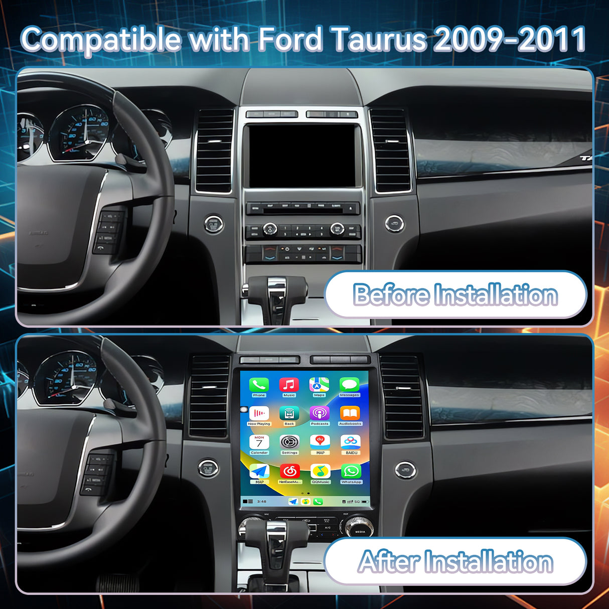Car Radio for Ford Taurus 2009 2010 2011, 12.1" Touchscreen Upgrade Stereo with Wireless CarPlay & Android Auto 4GB+64GB GPS WiFi AM FM Bluetooth DSP 1080P Backup Camera