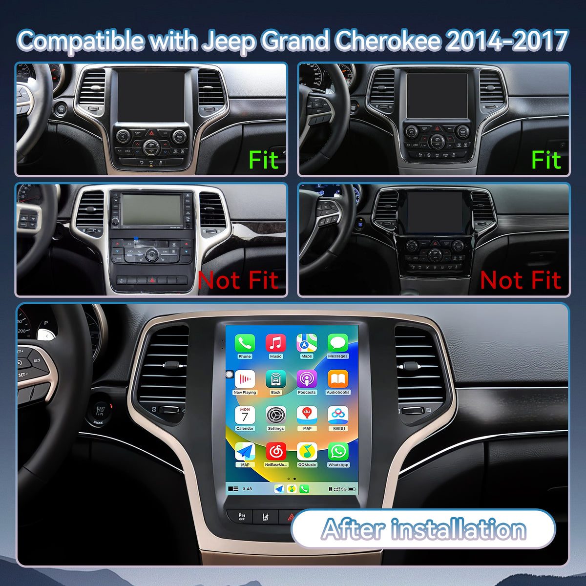 Car Radio for Jeep Grand Cherokee  2014 2015 2016 2017: Touch Screen Stereo Replacement with Carplay Android Auto 5GWiFi BT5.0 Backup Camera GPS
