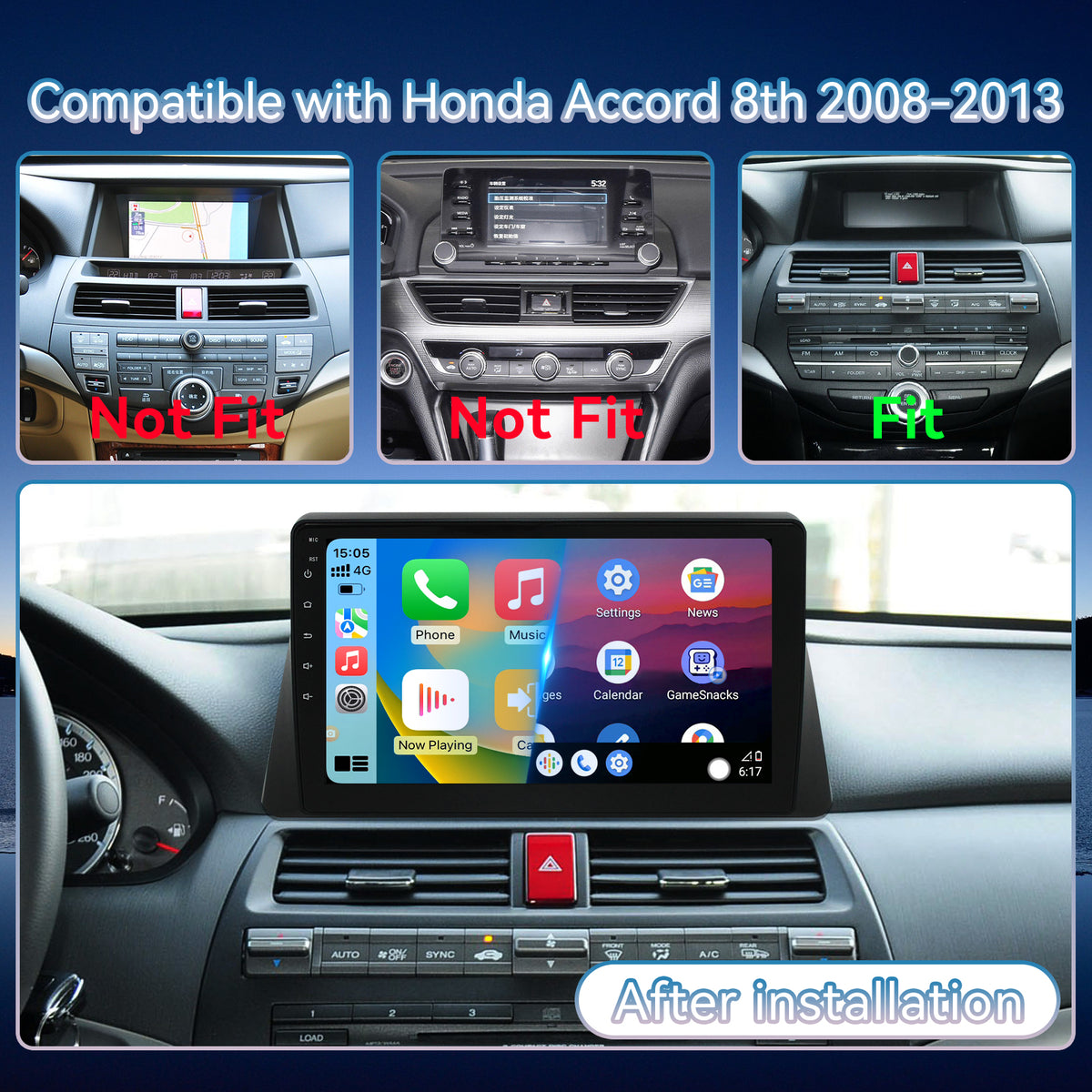 Car Radio Stereo for Honda Accord 8th 2008 2009 2010 2011 2012 2013 with Wireless Carplay Android Auto Bluetooth Touch Screen with WiFi FM GPS SWC Backup Camera