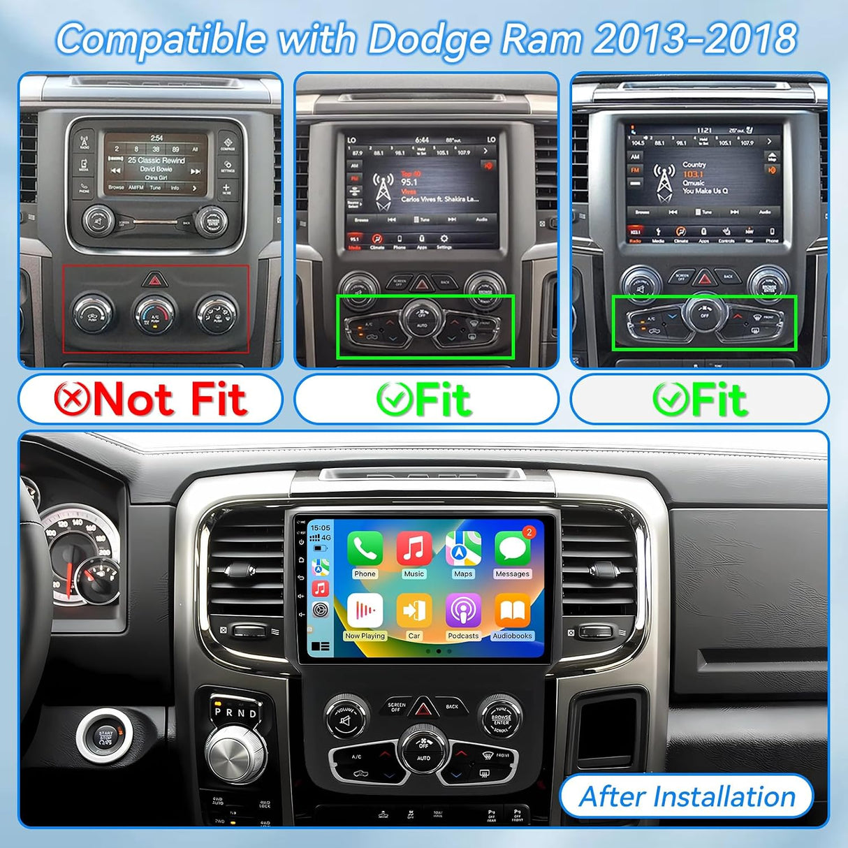 Android 13 Car Radio Stereo Compatible with Dodge Ram 1500 2500 3500 2013-2018 (Auto AC) Head Unit Upgrade Replacement, 9" Touchscreen with Wireless CarPlay&Android Auto, 2GB+64GB, GPS, Backup Camera