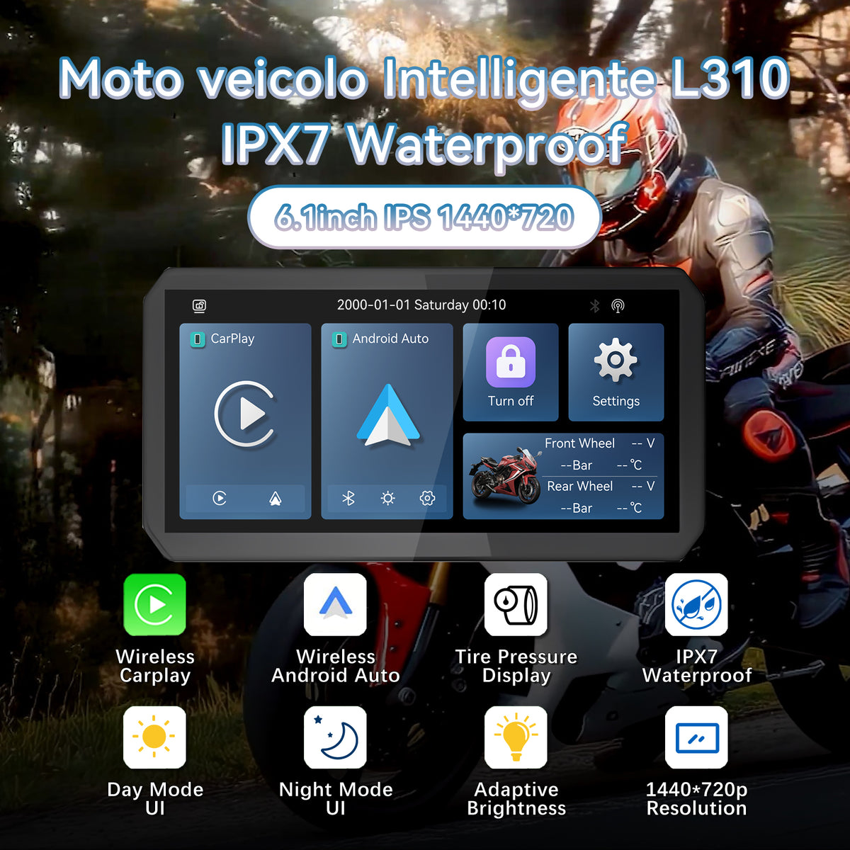 Motorcycle CarPlay/Android Auto Screen Supports TPMS BSD Check tyre pressure