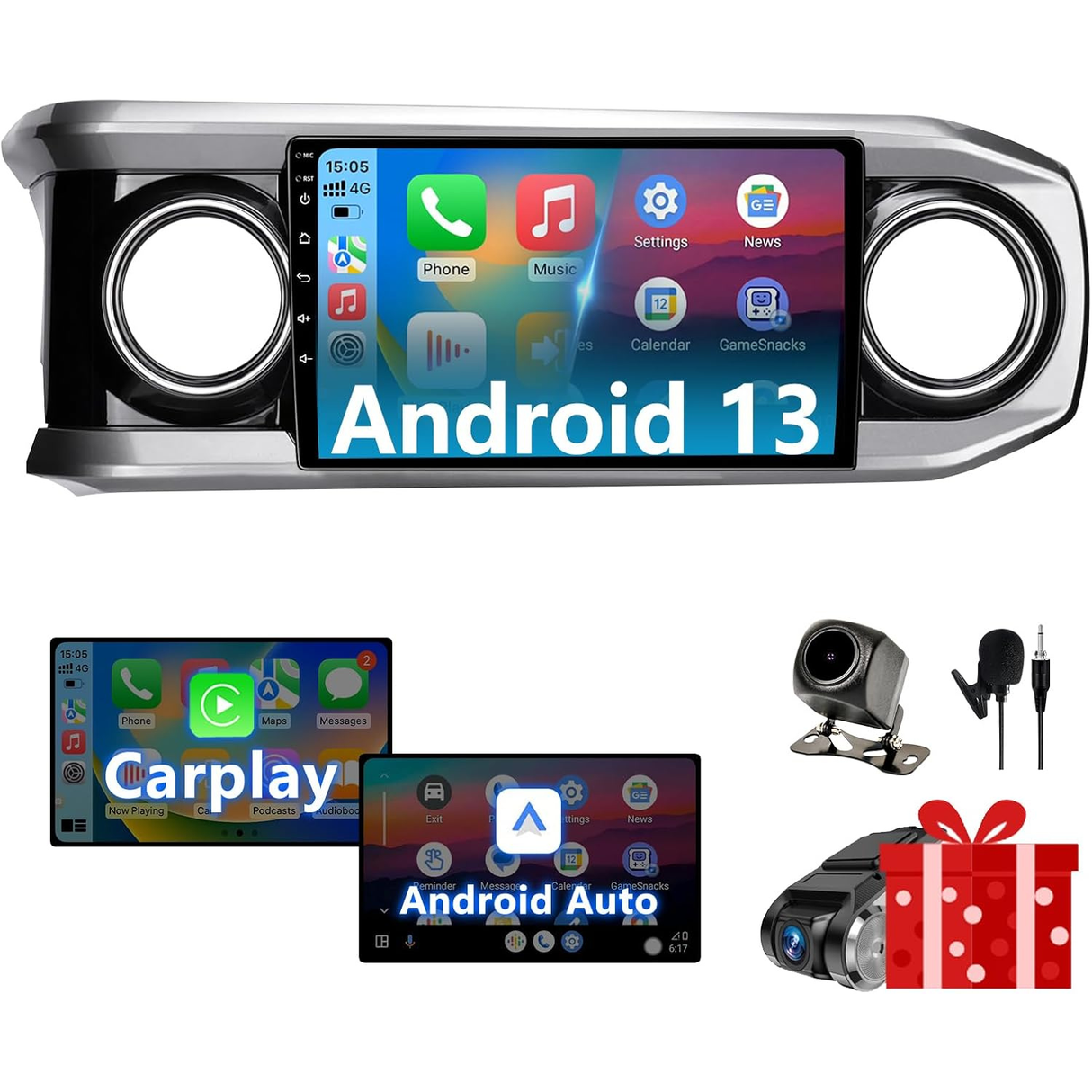 Android 13 Car Stereo Head Unit Compatible with 3rd Gen Toyota Tacoma 2016-2021, 10 Inch Touch Screen Car Radio with Wireless CarPlay&Android Auto, GPS, FM, WiFi, Bluetooth, 1080P Reverse Camera, SWC